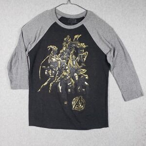 Marvel Avengers Men's M 3/4‎ Sleeve Raglan T-Shirt Black Grey Gold Foil Logo